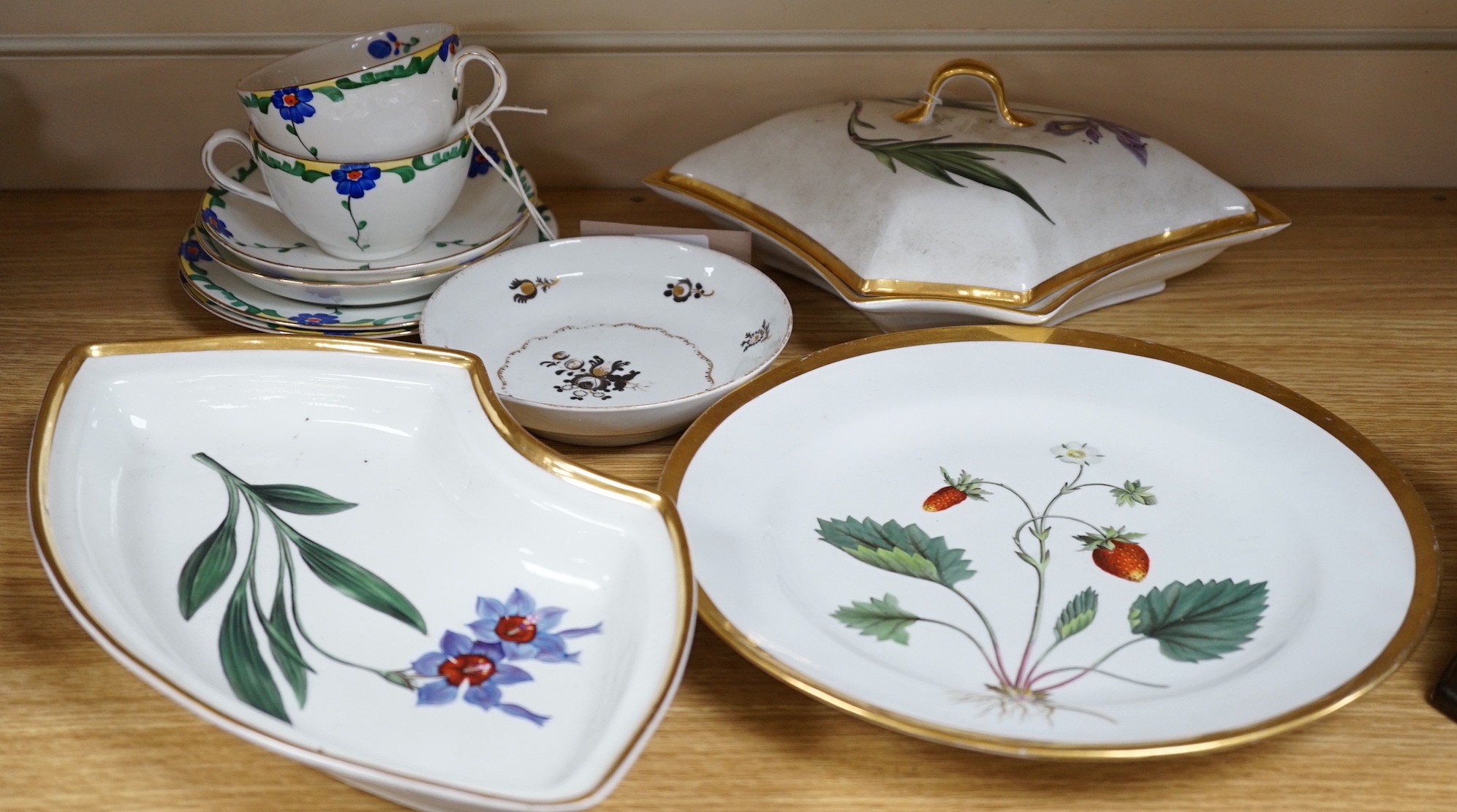 A Chamberlains Worcester botanical part supper set, c.1800-10, an English porcelain saucer and Bisto cups and saucers